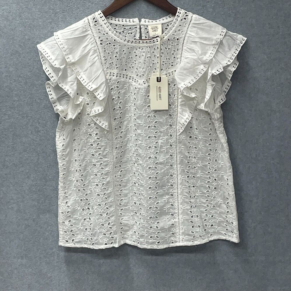 Good Hart White Eyelet Lace Ruffle Top Boho Cottagecore NWT Small - Picture 3 of 10